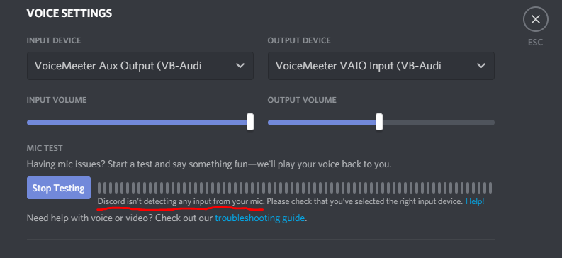 Discord settings shows no audio detection